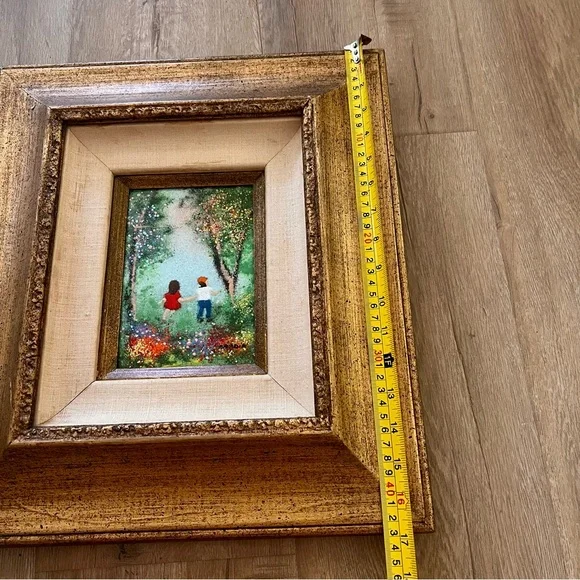 LOUIS CARDIN Signed Enamel on Copper Painting, Gold‎ Wood Frame, Kids In Forest